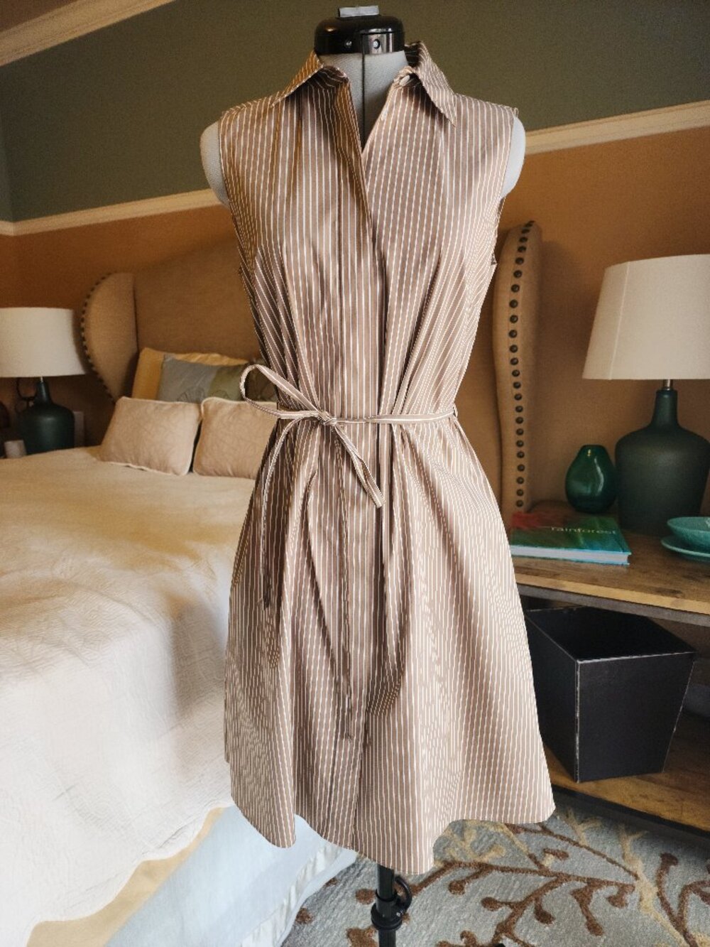 Theory Sleeveless Poplin Shirtdress Neutral Pinstripe Mini 0